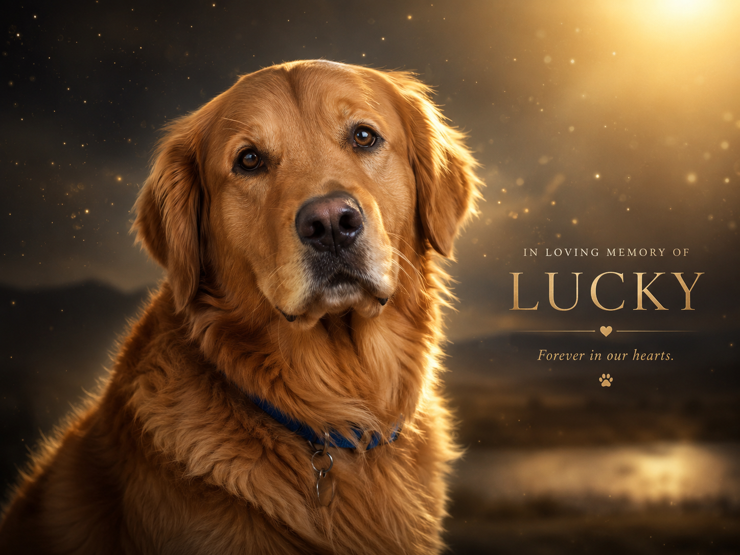 Lucky, a golden retriever looking toward the camera beneath warm starlight