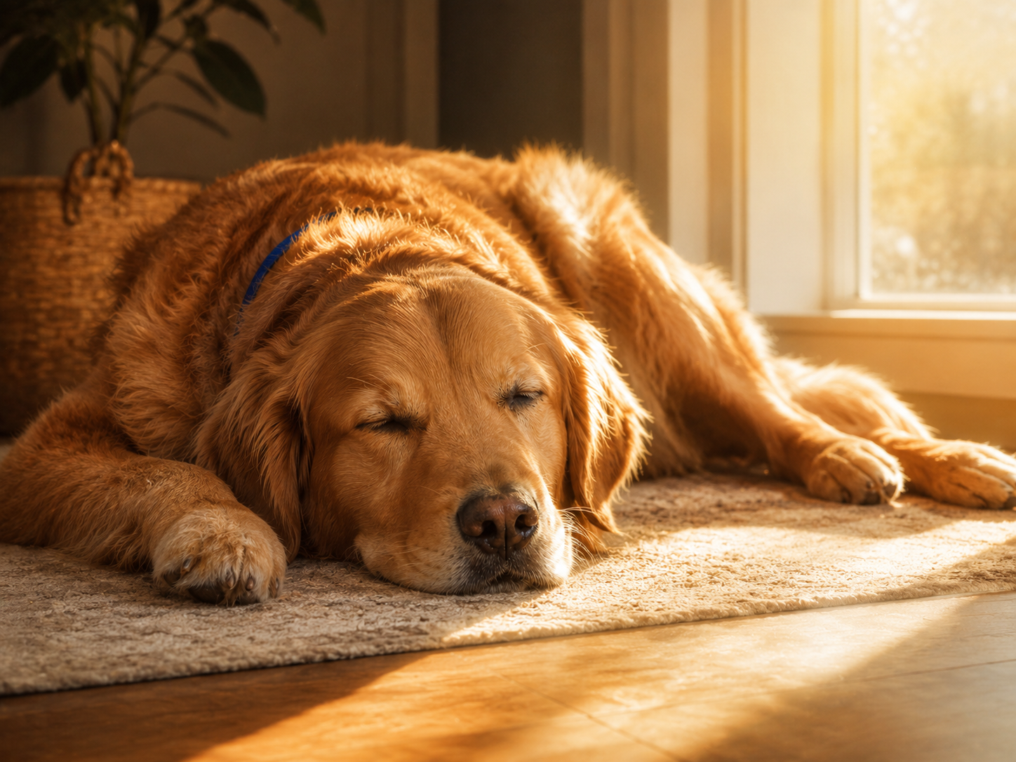 Lucky sleeping peacefully in the sunlight by the window