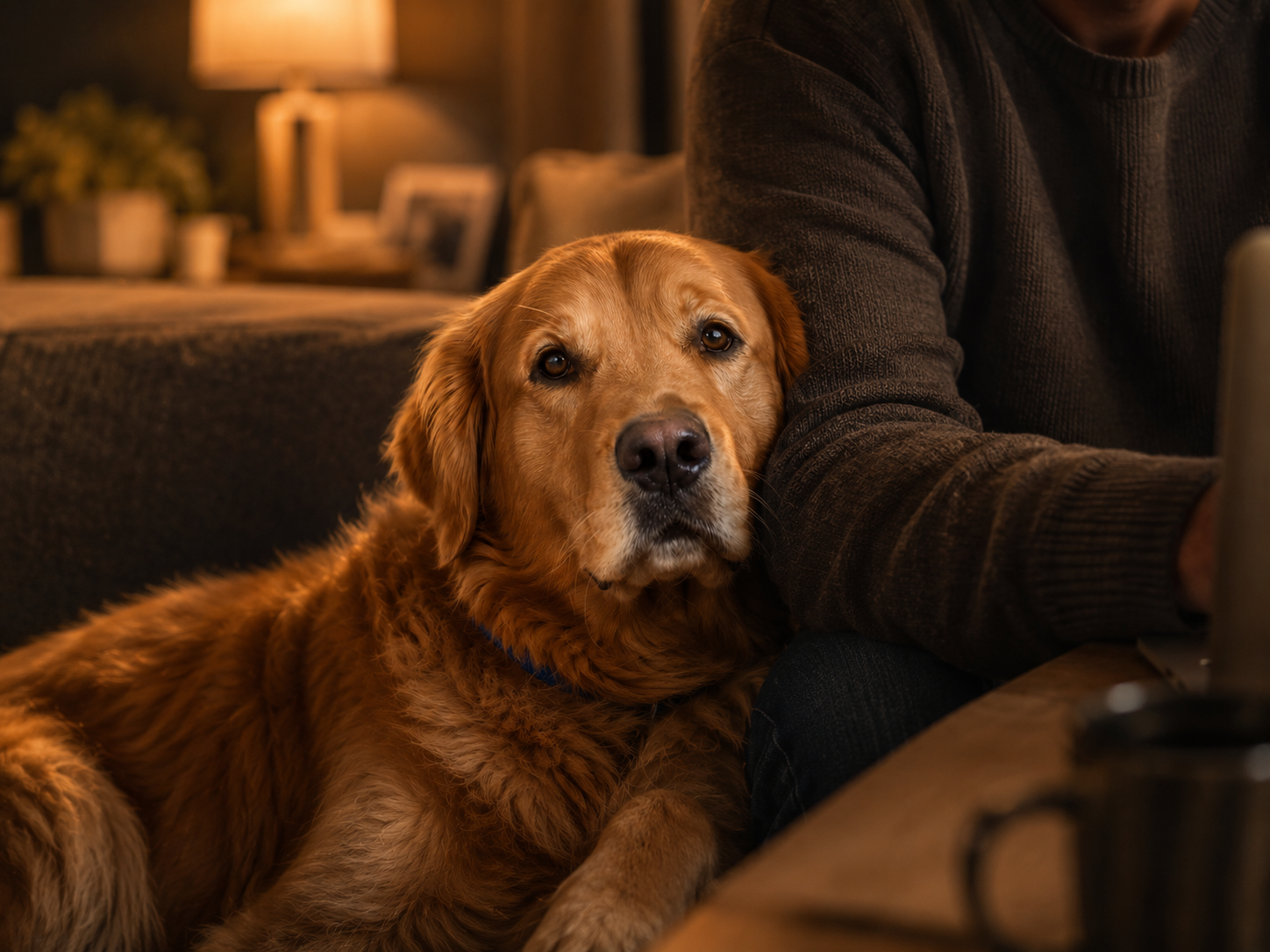 Lucky beside the family, keeping them company through quiet evenings
